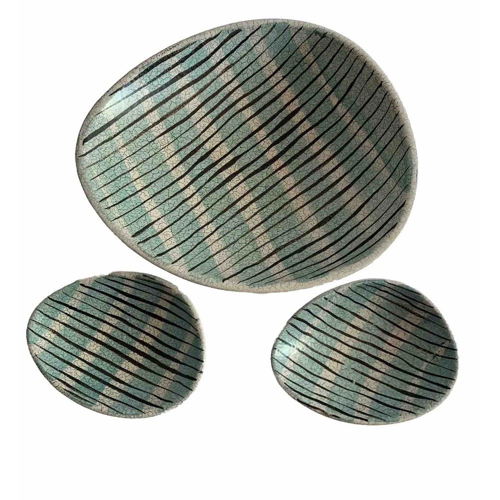 MCM Dumler & Breiden Art Pottery Stripped Blue & Black Crackled Dish Bowls Set 3